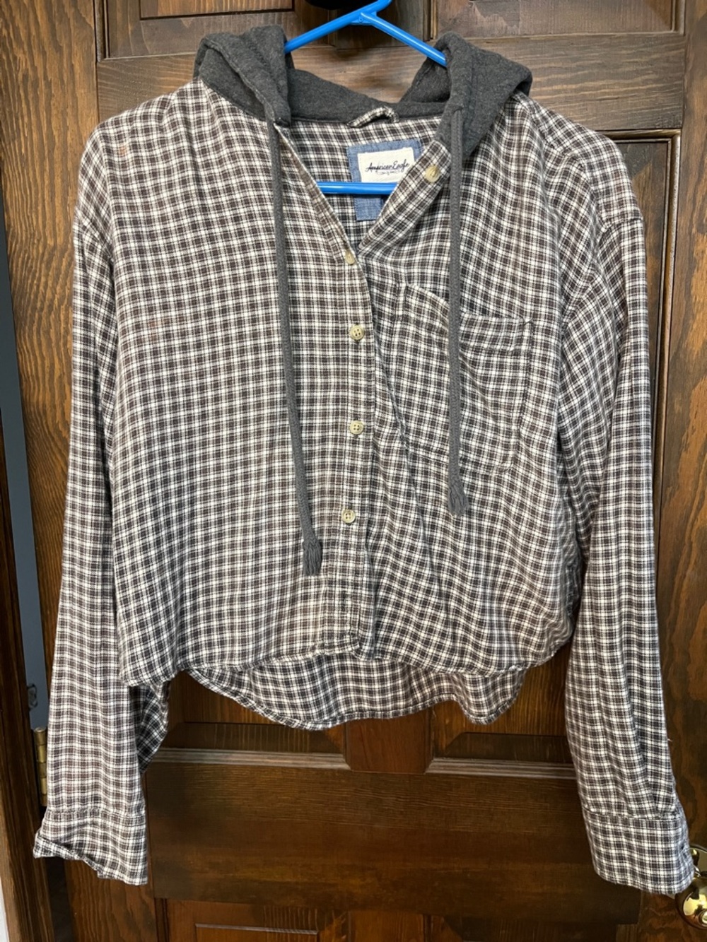 American Eagle Outfitters Brown Gray Plaid Hooded Button-Up Top